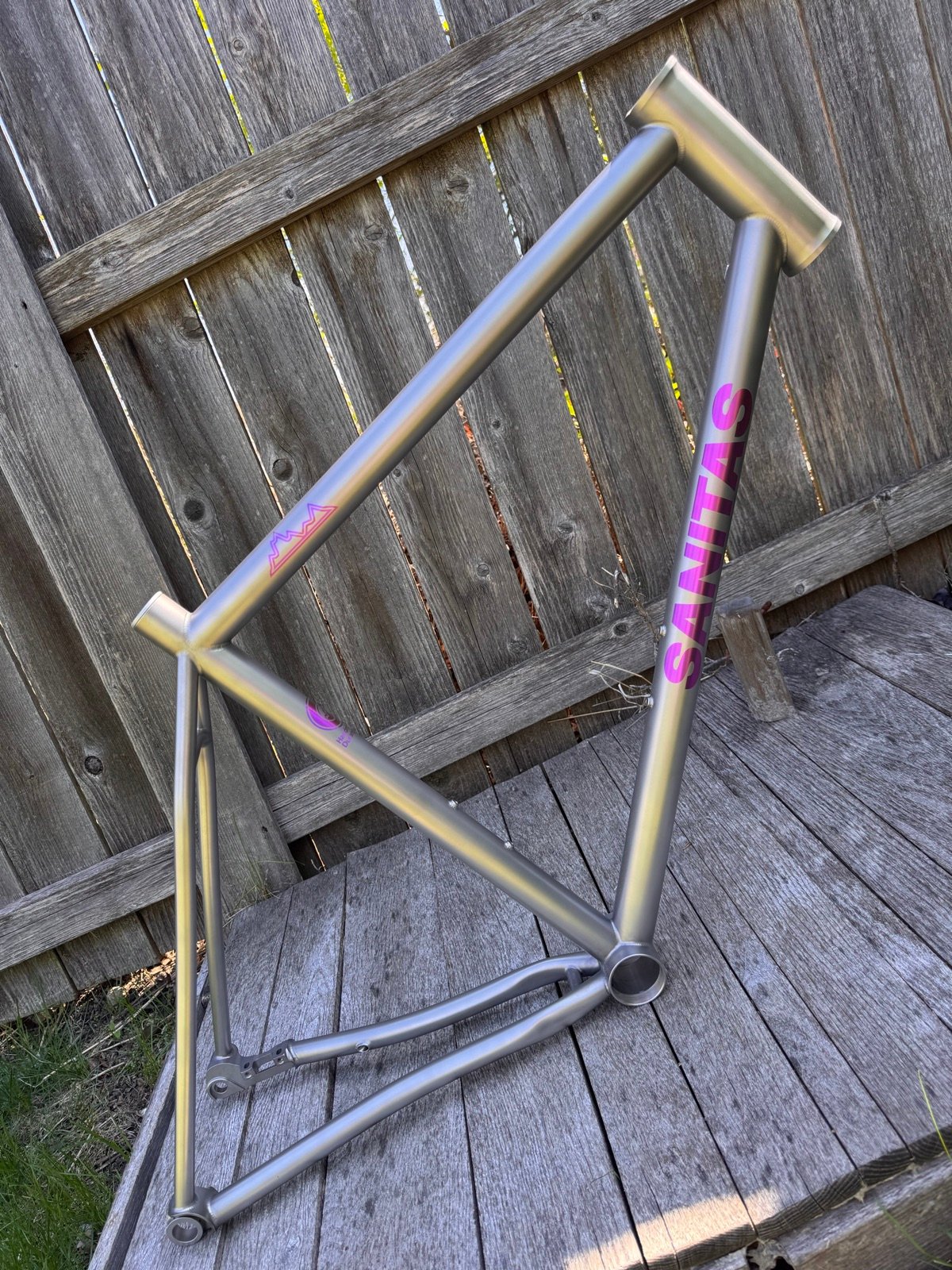 Sanitas frame in champagne anodizing with a magenta logo