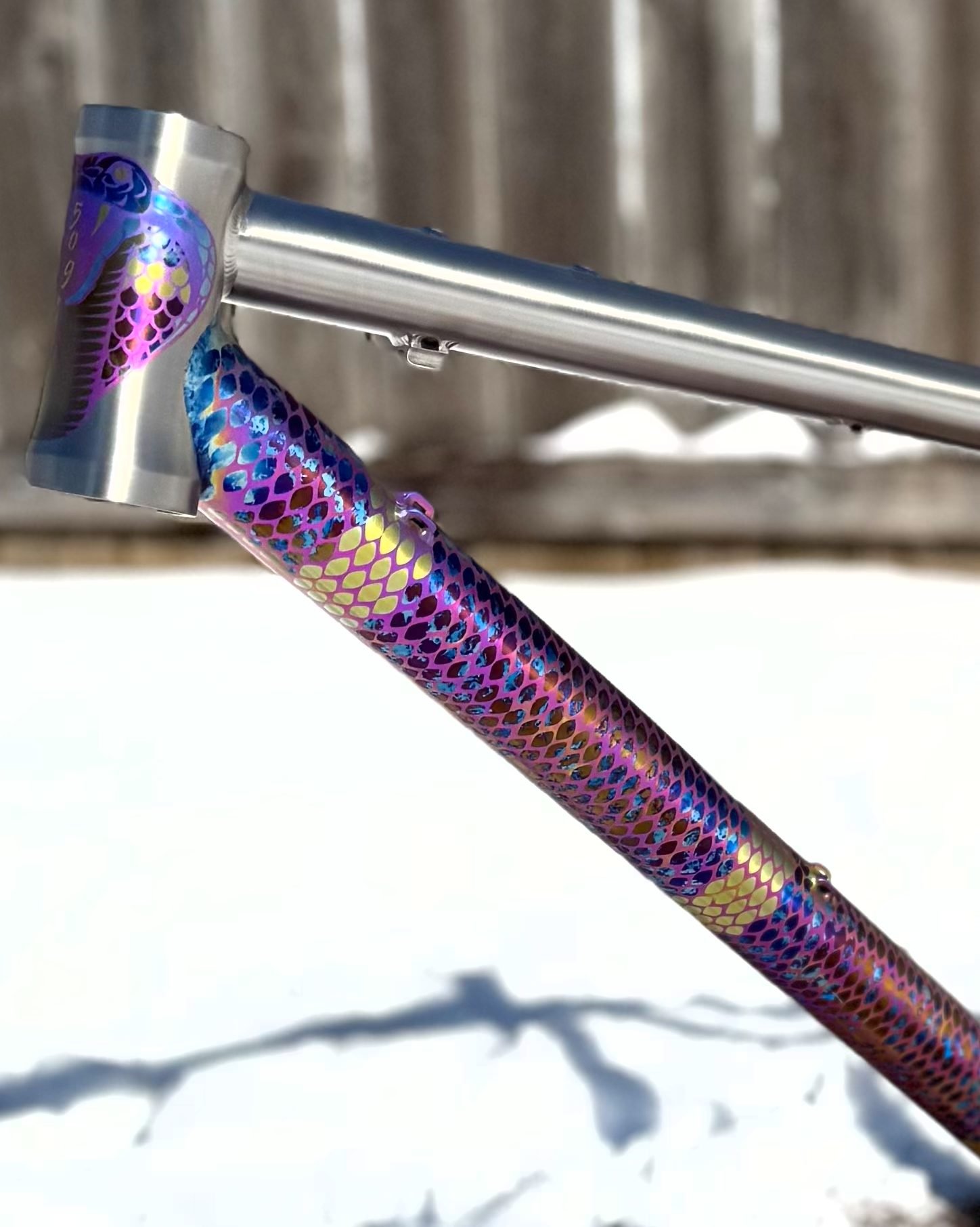 Close-up of honeycomb pattern anodizing on a titanium seat tube